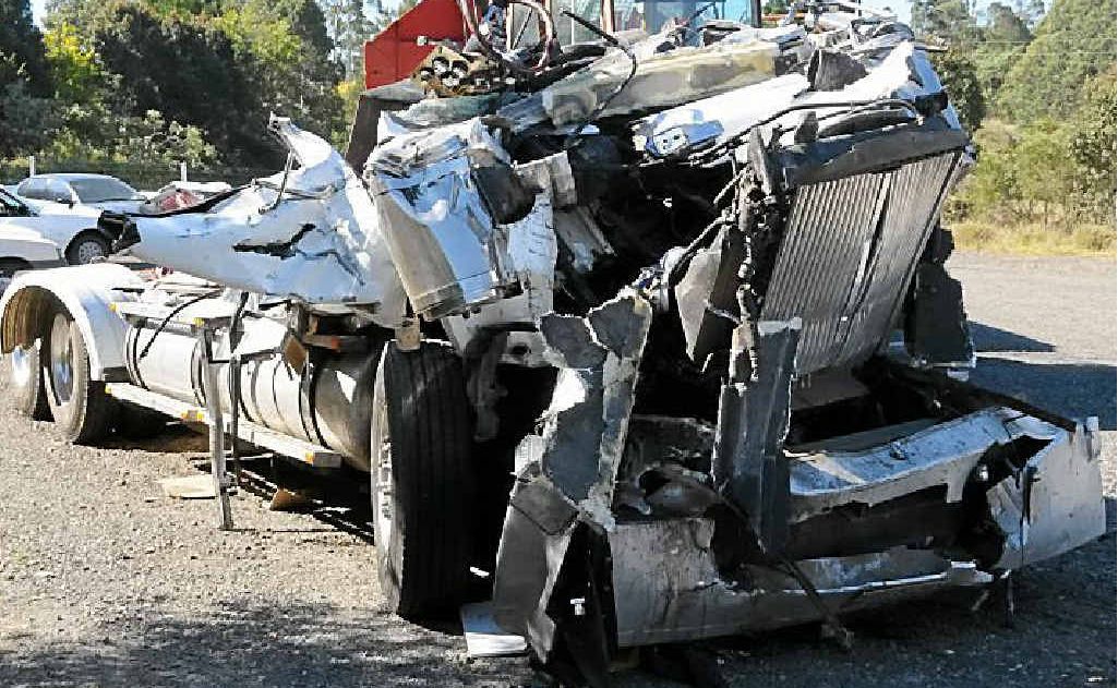 TRAGEDY: The driver of this truck from Hazeldean was killed after his and another B-double collided on the Bruce Hwy’s Central Rd overpass at Tinana on August 8. TRAGEDY: The driver of this truck from Hazeldean was killed after his and another B-double collided on the Bruce Hwy’s Central Rd overpass at Tinana on August 8.